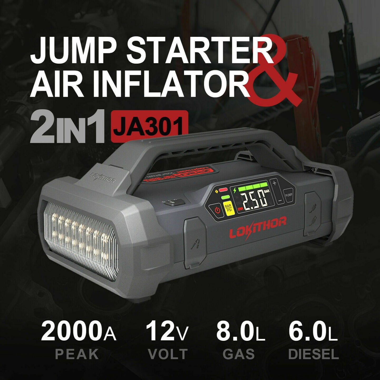 Car Jump Starter 2000amp with 150 Psi air inflator and Flashlight - Lokithor JA301 - Battery World