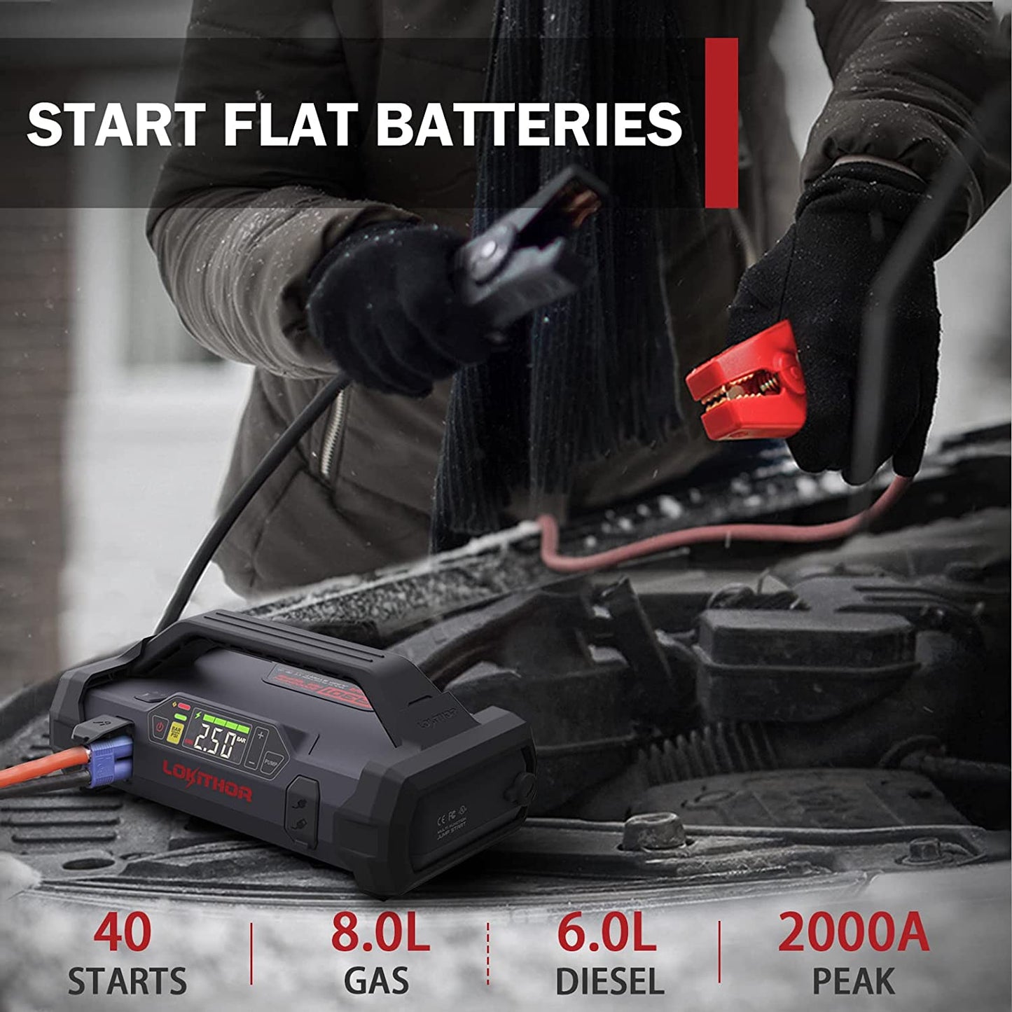 Car Jump Starter 2000amp with 150 Psi air inflator and Flashlight - Lokithor JA301 - Battery World