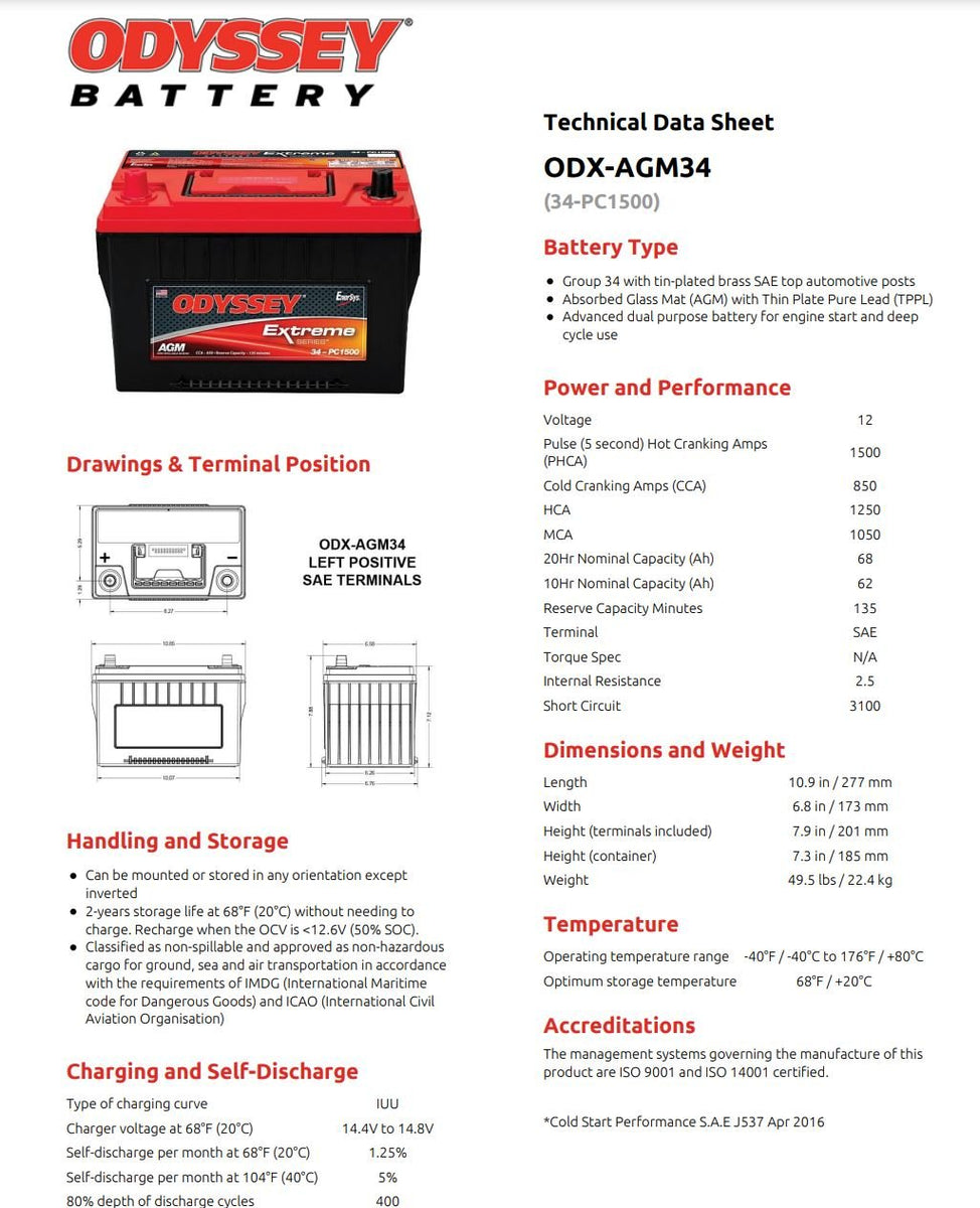 Odyssey 34-PC1500 ODX-AGM34. Batterie für Lkw und Industriefahrzeuge  Odyssey 68Ah