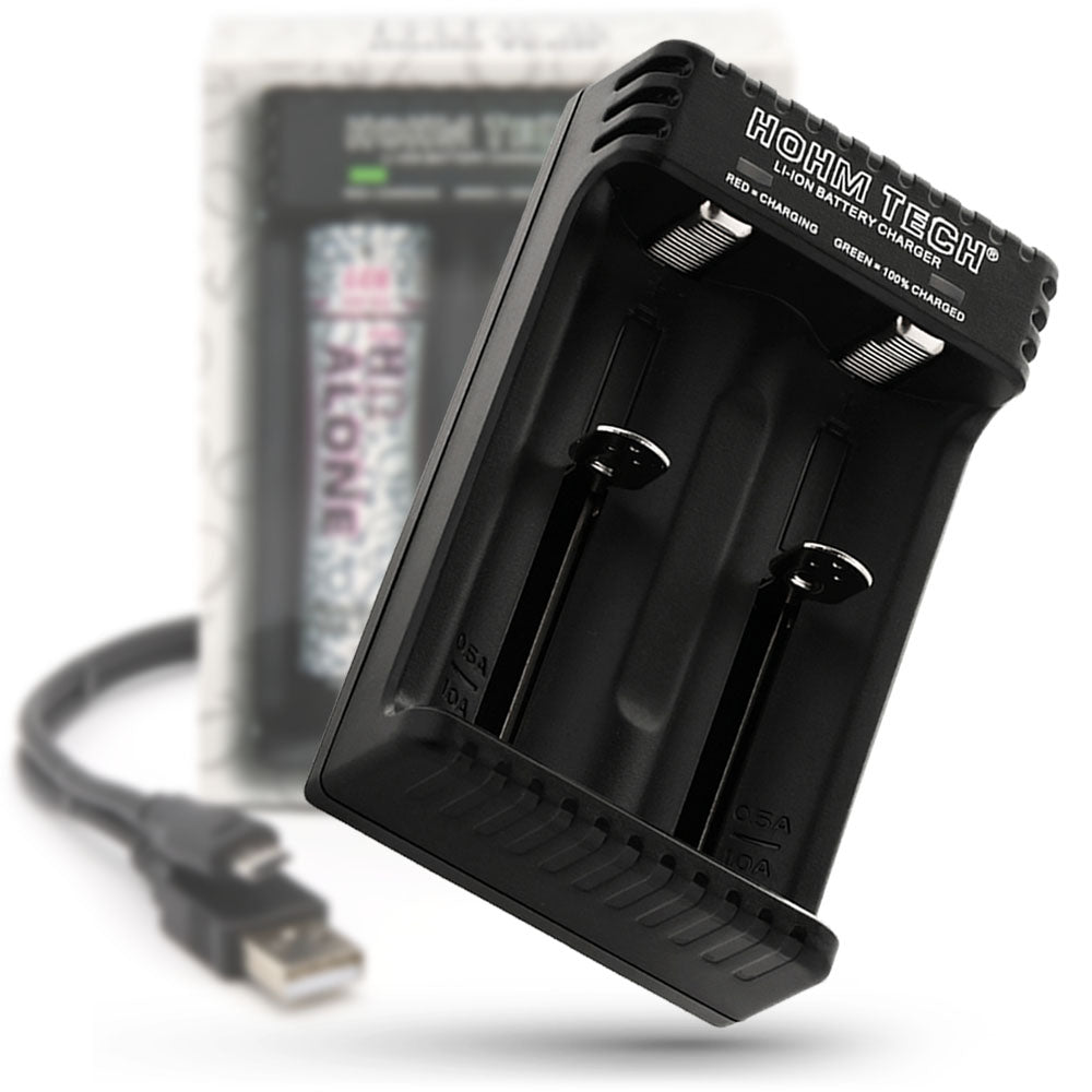 2-Slot 18650 Charger with 2 Hohm Life Batteries (Charger Fits: 18650, 20700, 21700, 26650)