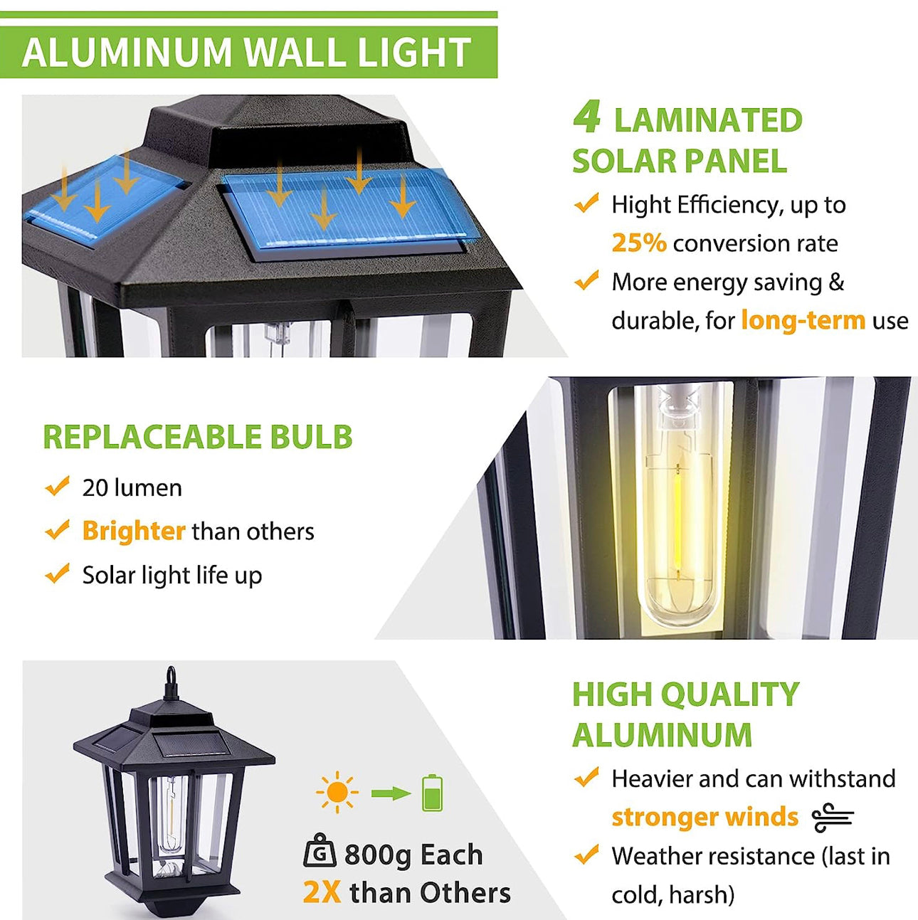 2 Pack Solar Aluminum Wall Lanterns with Replaceable Bulb,Outdoor Hanging Solar Lights with 4 Solar Panels,Anti-Rust