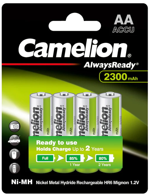 AA Rechargeable Battery 4 Pack Ni-MH 2300mAh Camelion Always Ready