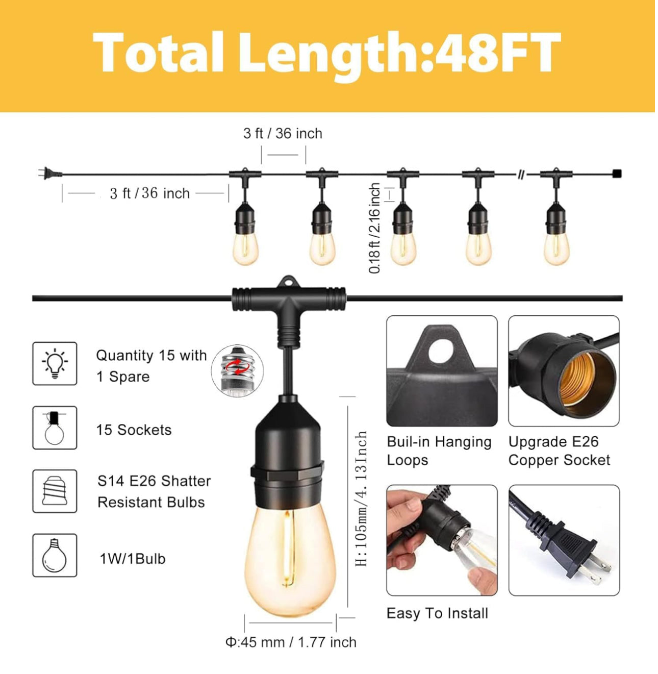 48 Ft Waterproof LED Outdoor String Lights - Hanging, Dimmable 2W Vintage Edison Bulbs