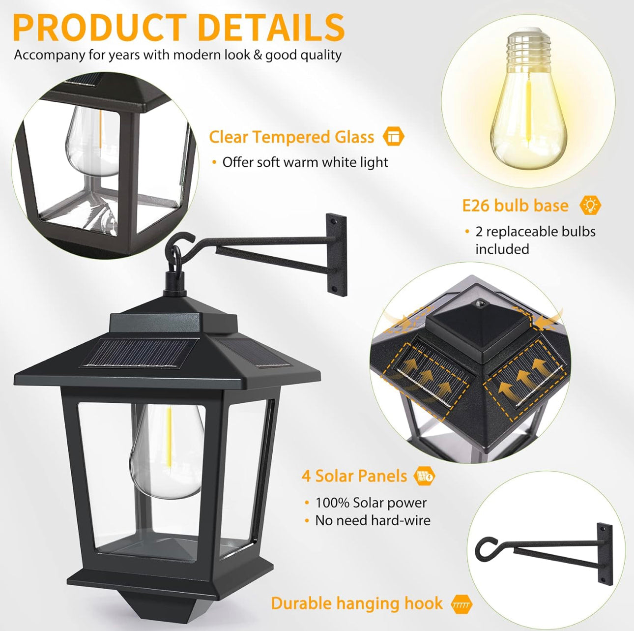 2 Pack Solar Aluminum Wall Lanterns with Replaceable Bulb,Outdoor Hanging Solar Lights with 4 Solar Panels,Anti-Rust