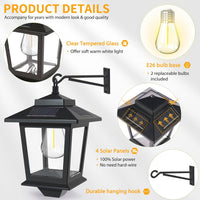 2 Pack Solar Aluminum Wall Lanterns with Replaceable Bulb,Outdoor Hanging Solar Lights with 4 Solar Panels,Anti-Rust