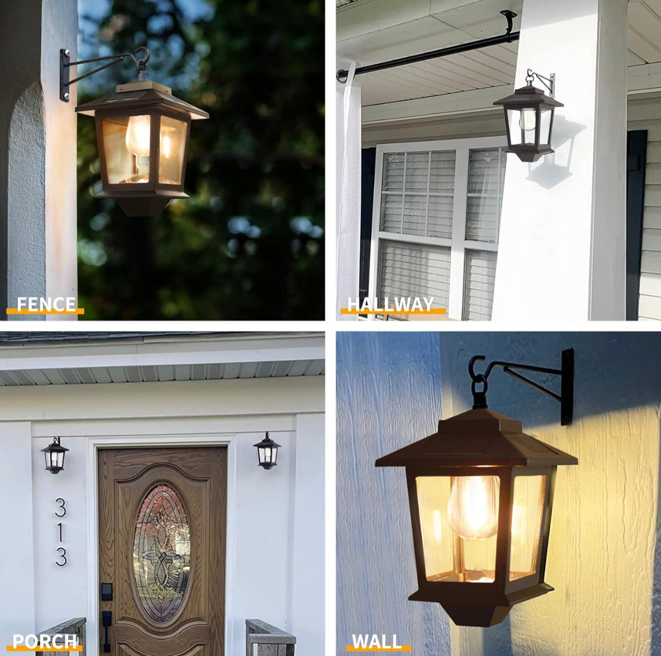 2 Pack Solar Aluminum Wall Lanterns with Replaceable Bulb,Outdoor Hanging Solar Lights with 4 Solar Panels,Anti-Rust