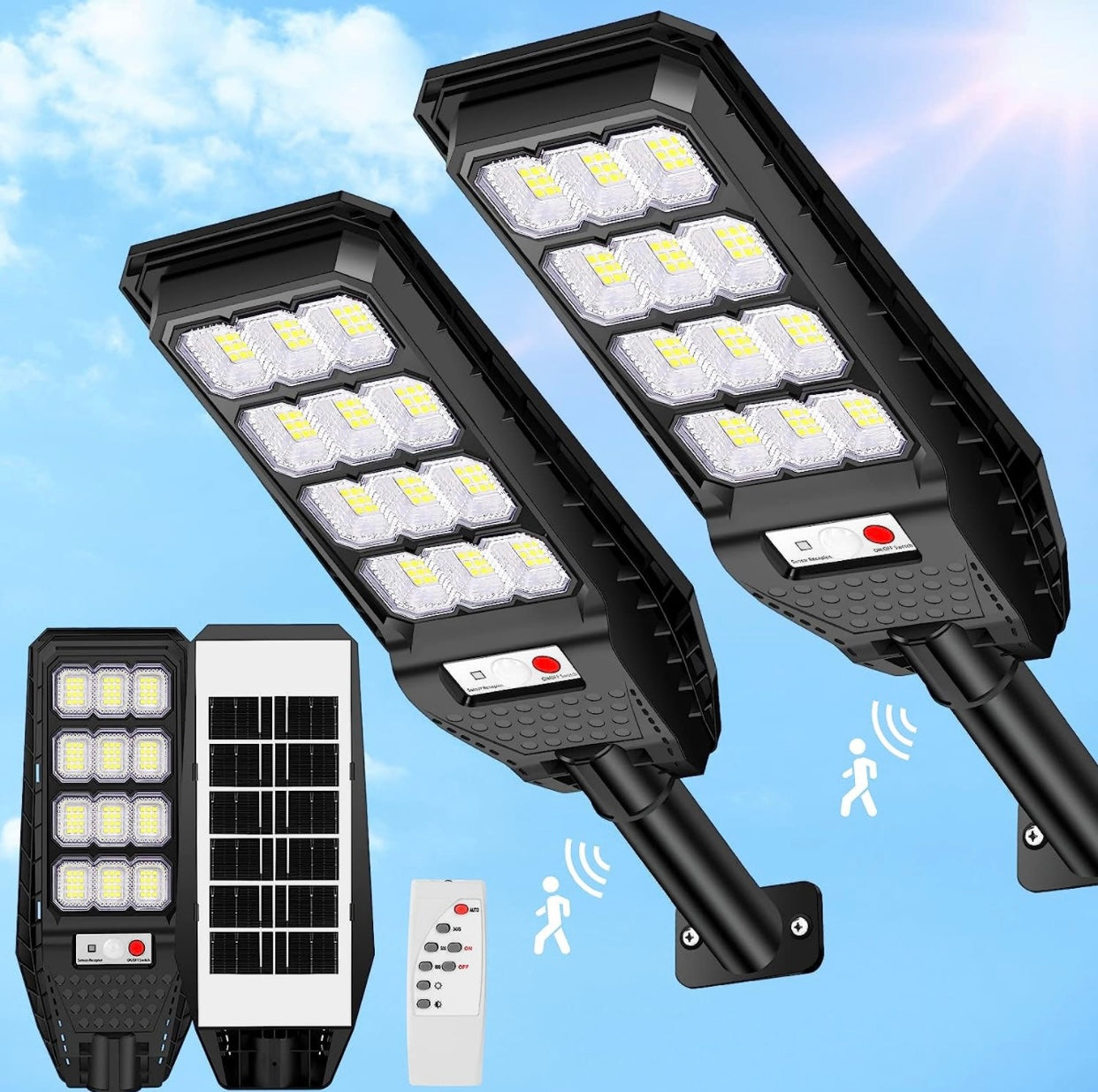 2-Pack Solar Street Lights Outdoor Waterproof, 6500K 6000LM Outdoor LED Street Light Dusk to Dawn, Motion Sensor with Remote Control