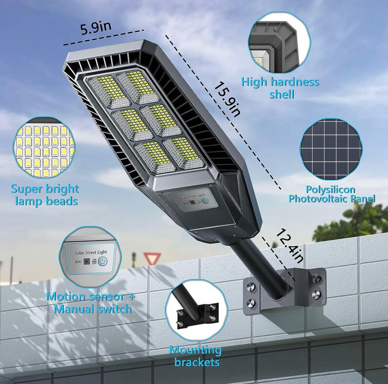 300W Solar Street Light 30000LM LED Outdoor Waterproof Dusk to Dawn for Yard Lighting IP66 6000K with Bracket and Remote Control