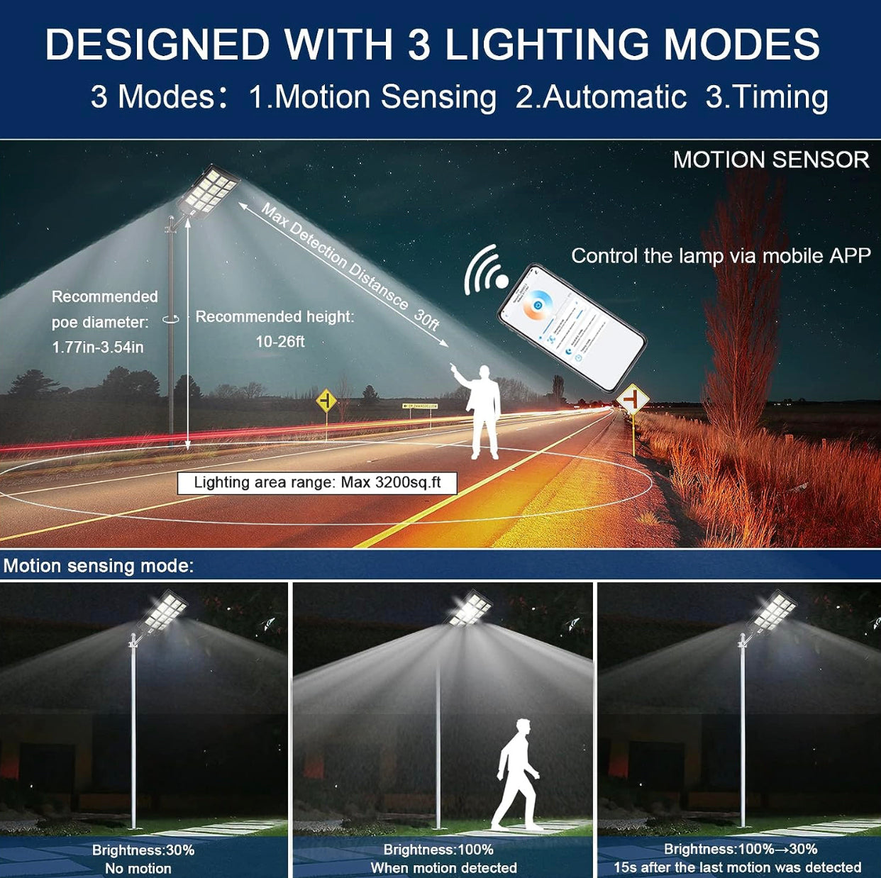 2000W Solar Street Light Outdoor, 250000LM 6500K with Mobile App Remote Control Dusk to Dawn LED Motion Lamp, IP67 Waterproof