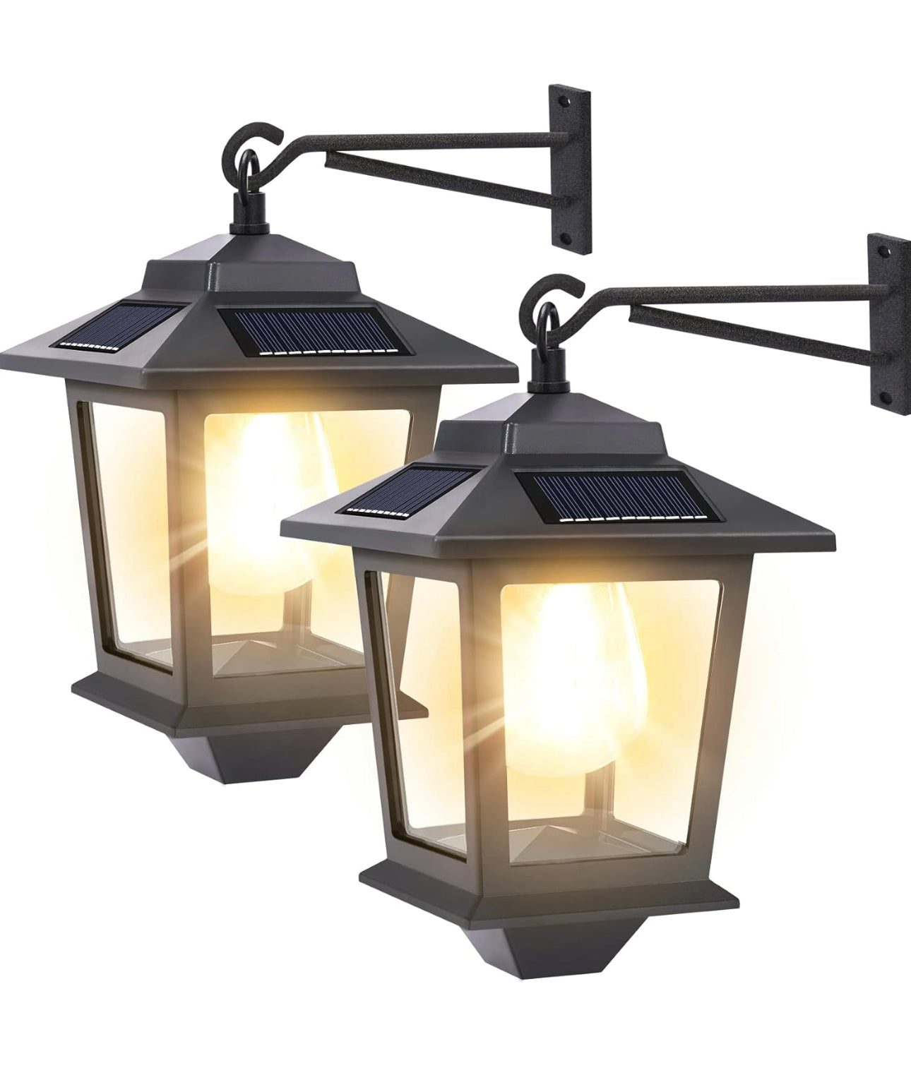 2 Pack Solar Aluminum Wall Lanterns with Replaceable Bulb,Outdoor Hanging Solar Lights with 4 Solar Panels,Anti-Rust