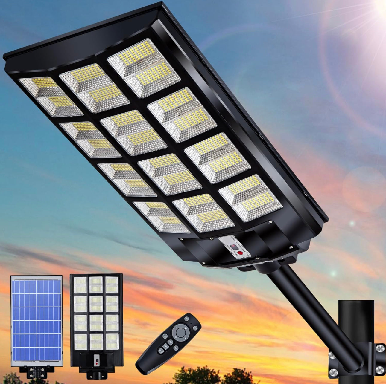 1200W LED Solar Street Light Motion Sensor, 100000LM IP65 Waterproof Solar Security Flood Lights Outdoor with Remote Control, Dusk to Dawn Solar Lights Lamp