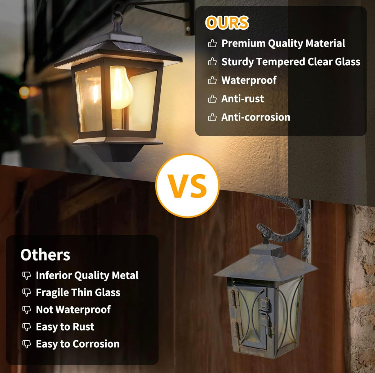 2 Pack Solar Aluminum Wall Lanterns with Replaceable Bulb,Outdoor Hanging Solar Lights with 4 Solar Panels,Anti-Rust