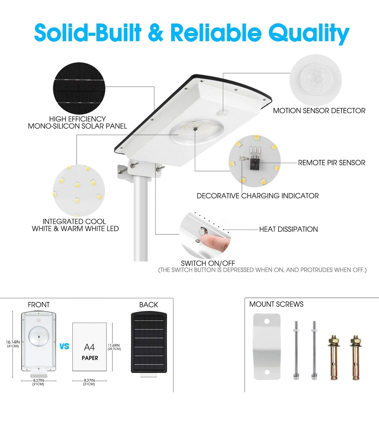 Solar Street Lights Outdoor, Cool White/Warm White Solar Street Light Dusk to Dawn/Motion Sensor, 1300LM IP65 Waterproof, Dimmable Remote Control