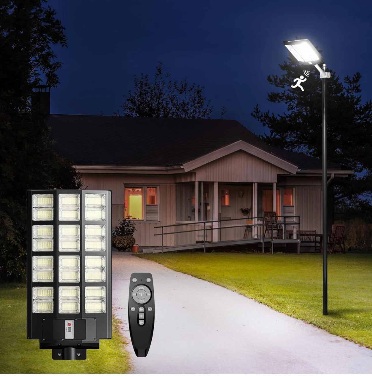 1200W LED Solar Street Light Motion Sensor, 100000LM IP65 Waterproof Solar Security Flood Lights Outdoor with Remote Control, Dusk to Dawn Solar Lights Lamp