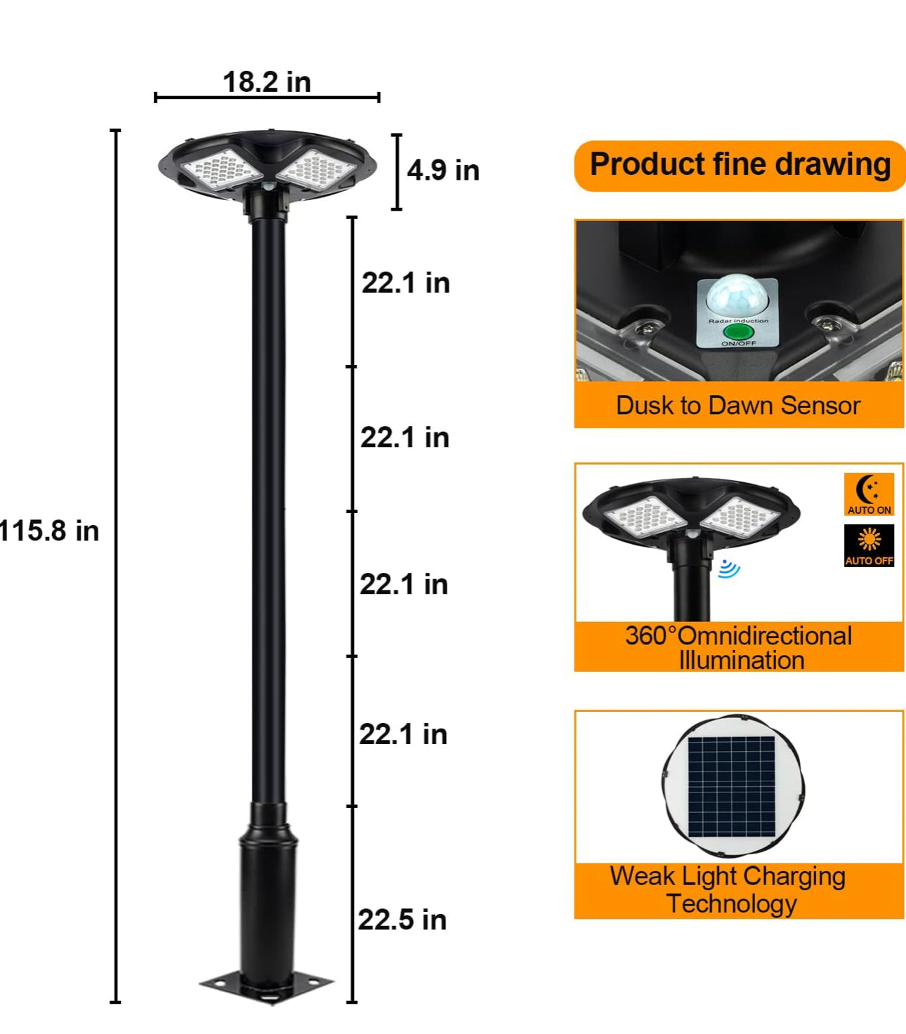 Commercial Solar Flag Pole Outdoor Lamp Post Light with 98 inch Pole IP67 Waterproof Solar Post Light With Remote