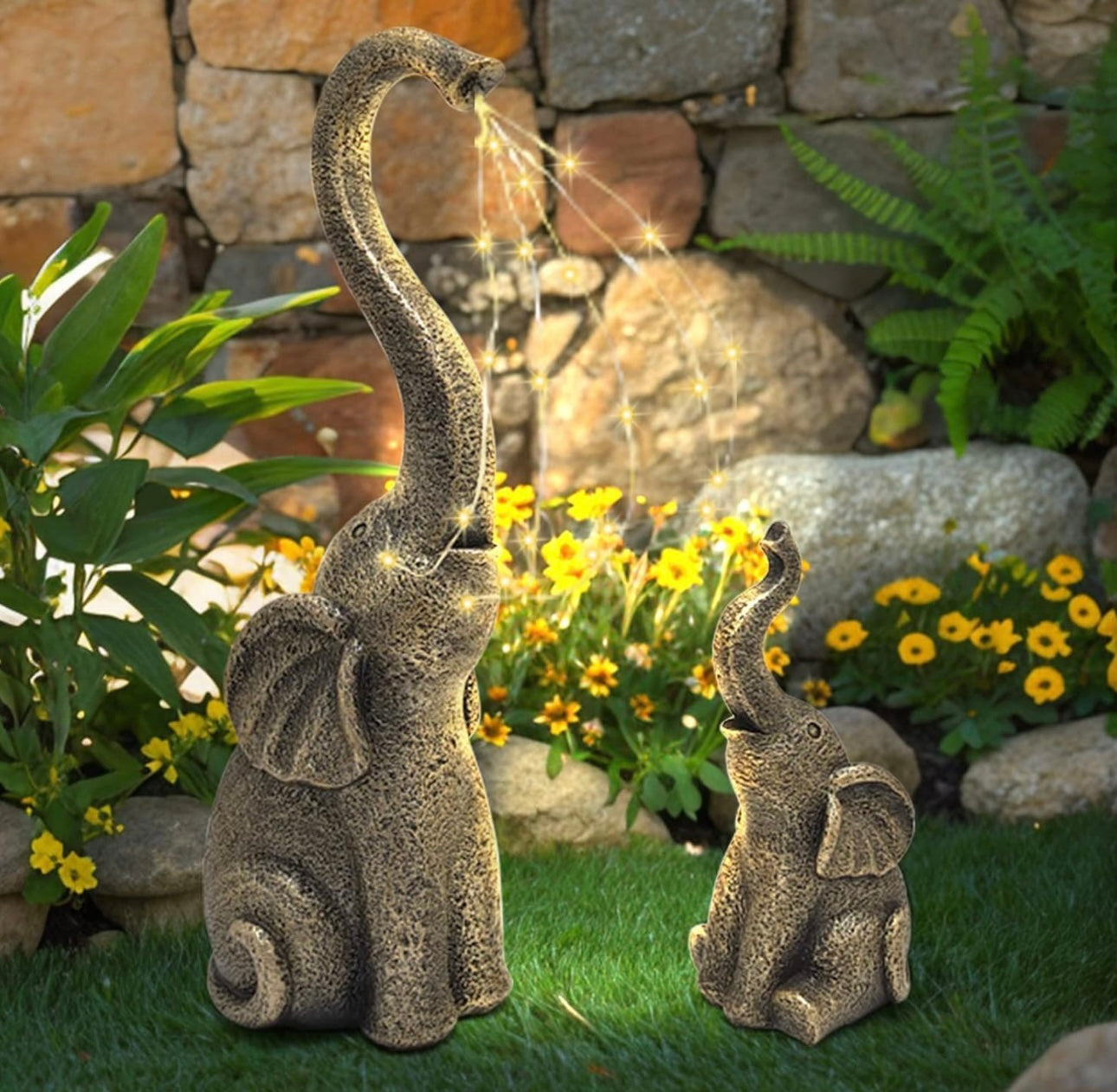 Garden Statues Elephant Decor with LED Solar Lights - Set of 2 Good Luck Christmas Elephant