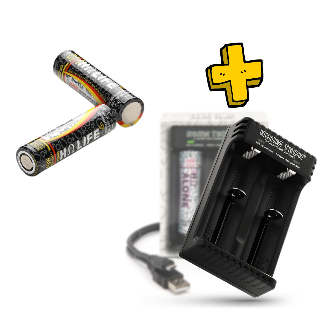 2-Slot 18650 Charger with 2 Hohm Life Batteries (Charger Fits: 18650, 20700, 21700, 26650)