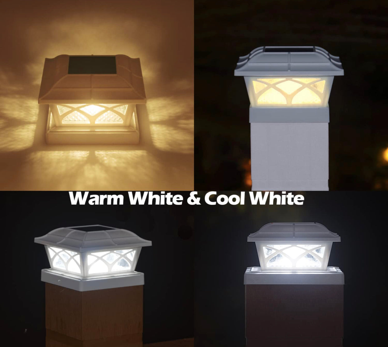 Solar Post Cap Lights Outdoor Glass 2 Modes 8 LEDs for 4x4 5x5 6x6 Posts Fence Deck Patio Decoration Warm White/Cool White Lighting White (2 Pack)