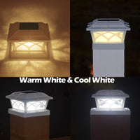 Solar Post Cap Lights Outdoor Glass 2 Modes 8 LEDs for 4x4 5x5 6x6 Posts Fence Deck Patio Decoration Warm White/Cool White Lighting White (2 Pack)