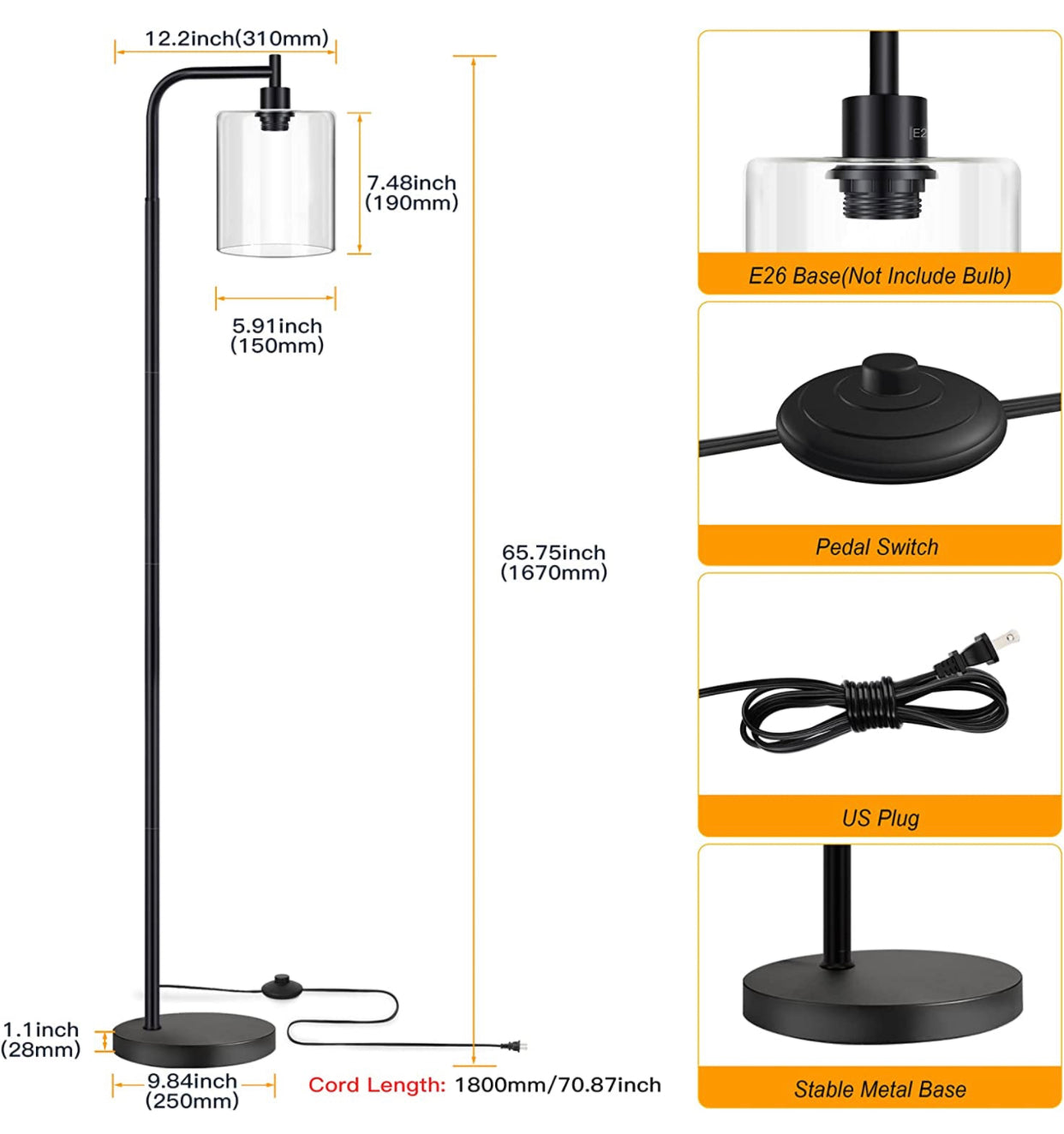 Industrial Floor Lamp, Modern Standing Lamps with Hanging Clear Glass Shade