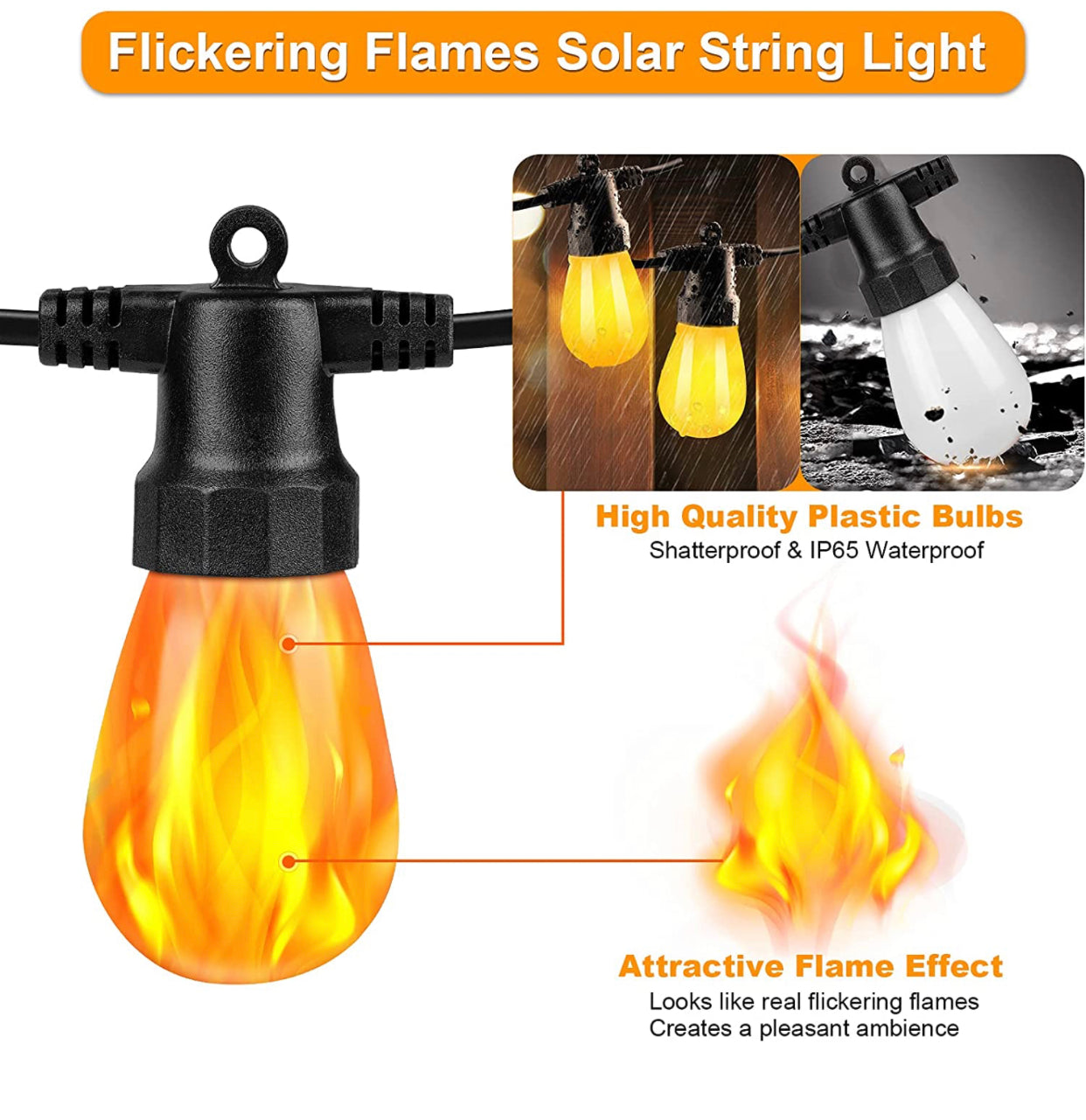 Flickering LED Bulbs - Solar Panel Powered Hanging String Lights - Create Ambience In Your Yard, Deck - 27 Ft