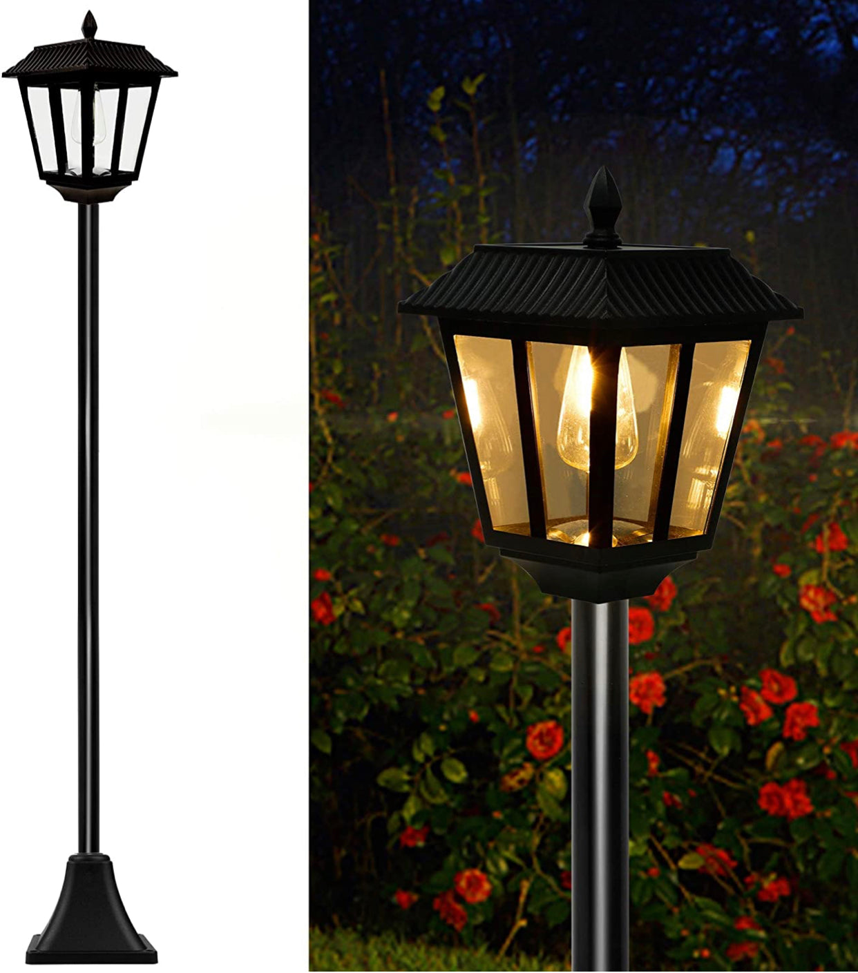 SmartYard 67 Inch Solar Lamp Post Lights, 100 Lumen Solar Powered Vintage Street Lights Outdoor, Warm White LED Edison Bulb Solar Post Light