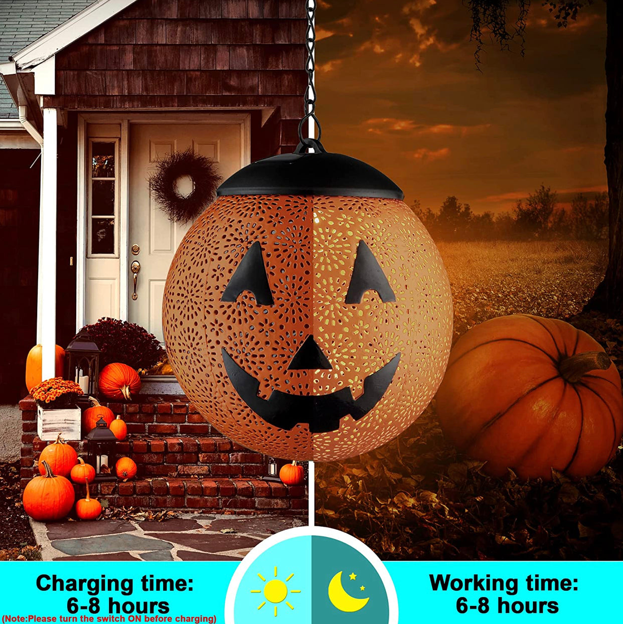 Halloween Solar Hanging Lights Outdoor - Garden Solar Metal Lantern Decor, Solar Powered Led Waterproof Decorative Round