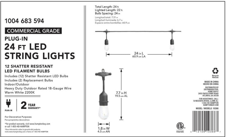 Hampton Bay 24 ft. LED String Light, 12 bulbs, 120 volts