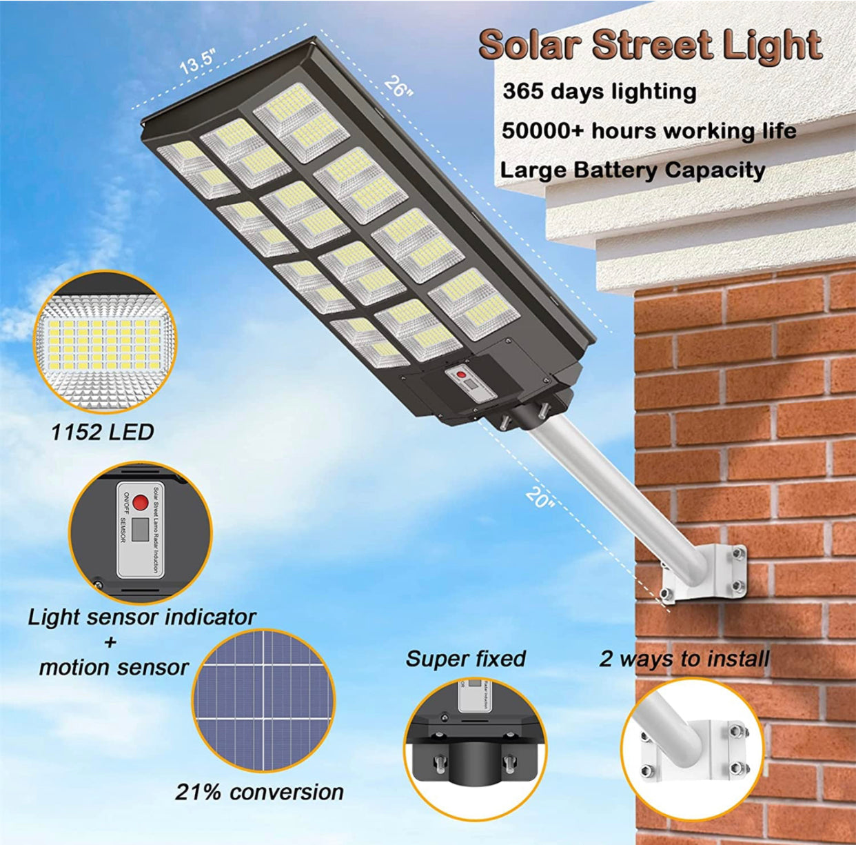 1200W LED Solar Street Light Motion Sensor, 100000LM IP65 Waterproof Solar Security Flood Lights Outdoor with Remote Control, Dusk to Dawn Solar Lights Lamp