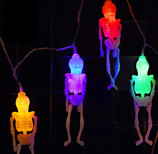 Skeleton Lights Halloween String Lights - 10Ft 20LEDs Skeletons Halloween Lights Decoration, 2 Lighting Modes Battery-Powered String Lights