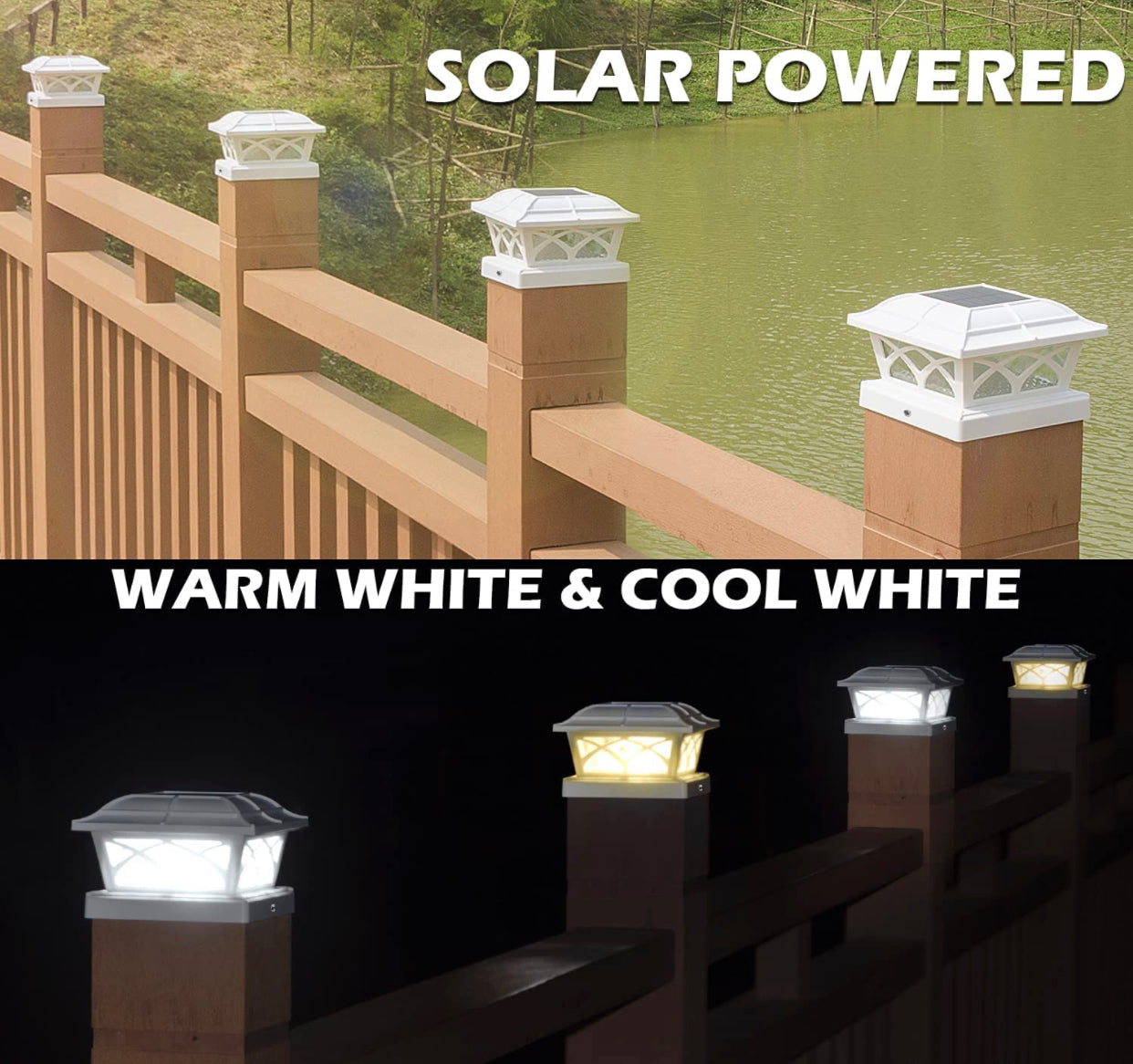 Solar Post Cap Lights Outdoor Glass 2 Modes 8 LEDs for 4x4 5x5 6x6 Posts Fence Deck Patio Decoration Warm White/Cool White Lighting White (2 Pack)