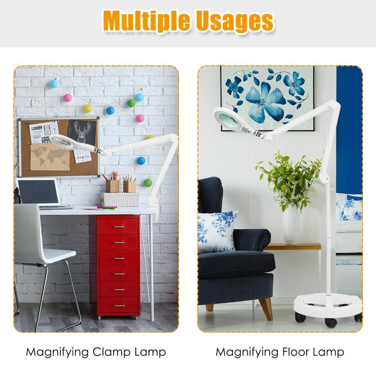 Magnifying Floor Lamp with 5 Wheels Rolling Base, 2.25X Magnifier with LED Light, 2-in-1 Magnifier Lamp