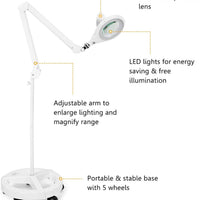 Magnifying Floor Lamp with 5 Wheels Rolling Base, 2.25X Magnifier with LED Light, 2-in-1 Magnifier Lamp