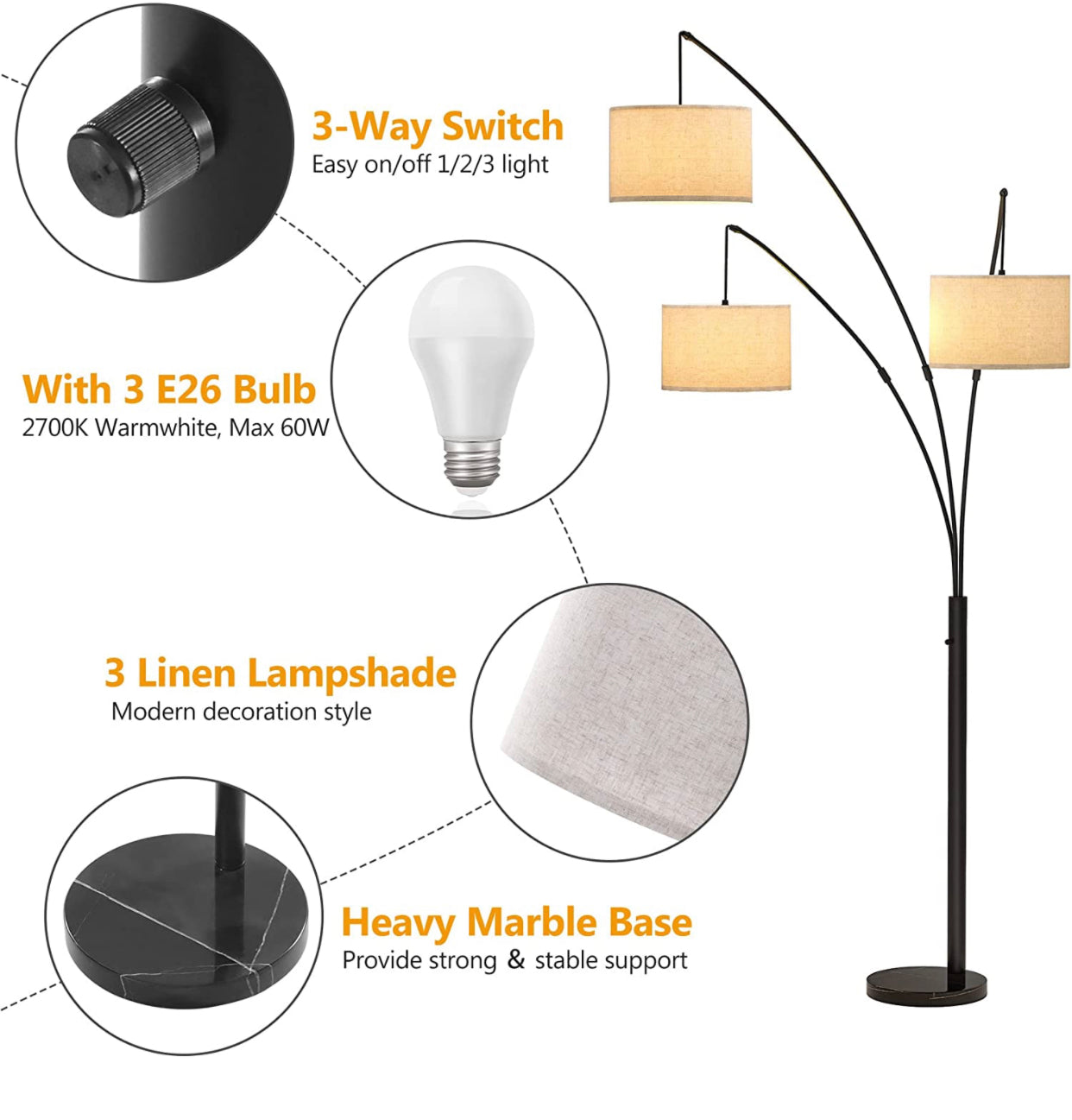 Modern Arc Floor Lamp w/ Marble Base -- 3 Lights Hanging Over The Couch from Behind - Multi Head Arching Tree Lamp -Oil Rubbed Bronze