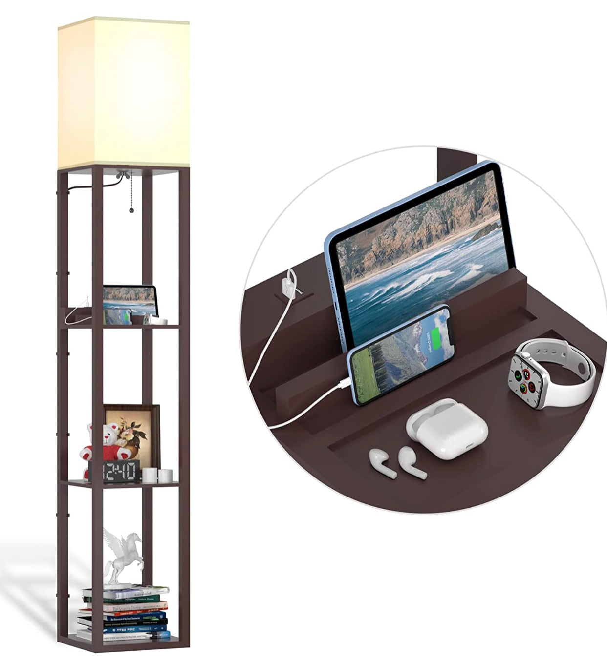 Floor Lamp Charger - Shelf Floor Lamp with USB Charging Ports and Electric Outlet