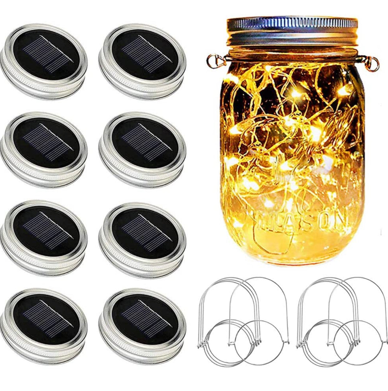 Davinci Solar Mason Jar Lights [Updated], 8 Pack 20 LED Waterproof Fairy Firefly Jar Lids String Lights with Hangers