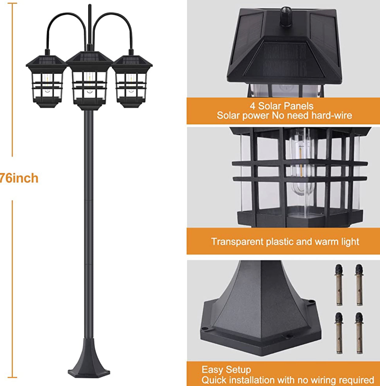 SmartYard 74.8“ Outdoor Lamp Post Lights Solar Powered,3-Head Waterproof Street Lights 60 lumens