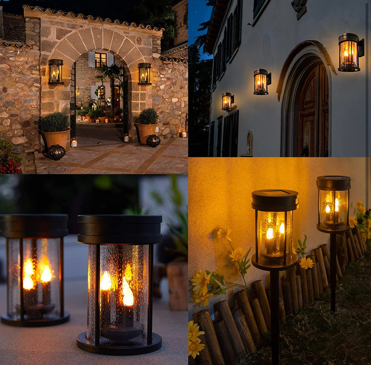 Solar Flickering Candle Lantern Outdoor Garden Stake Lights (2Pack, Black)