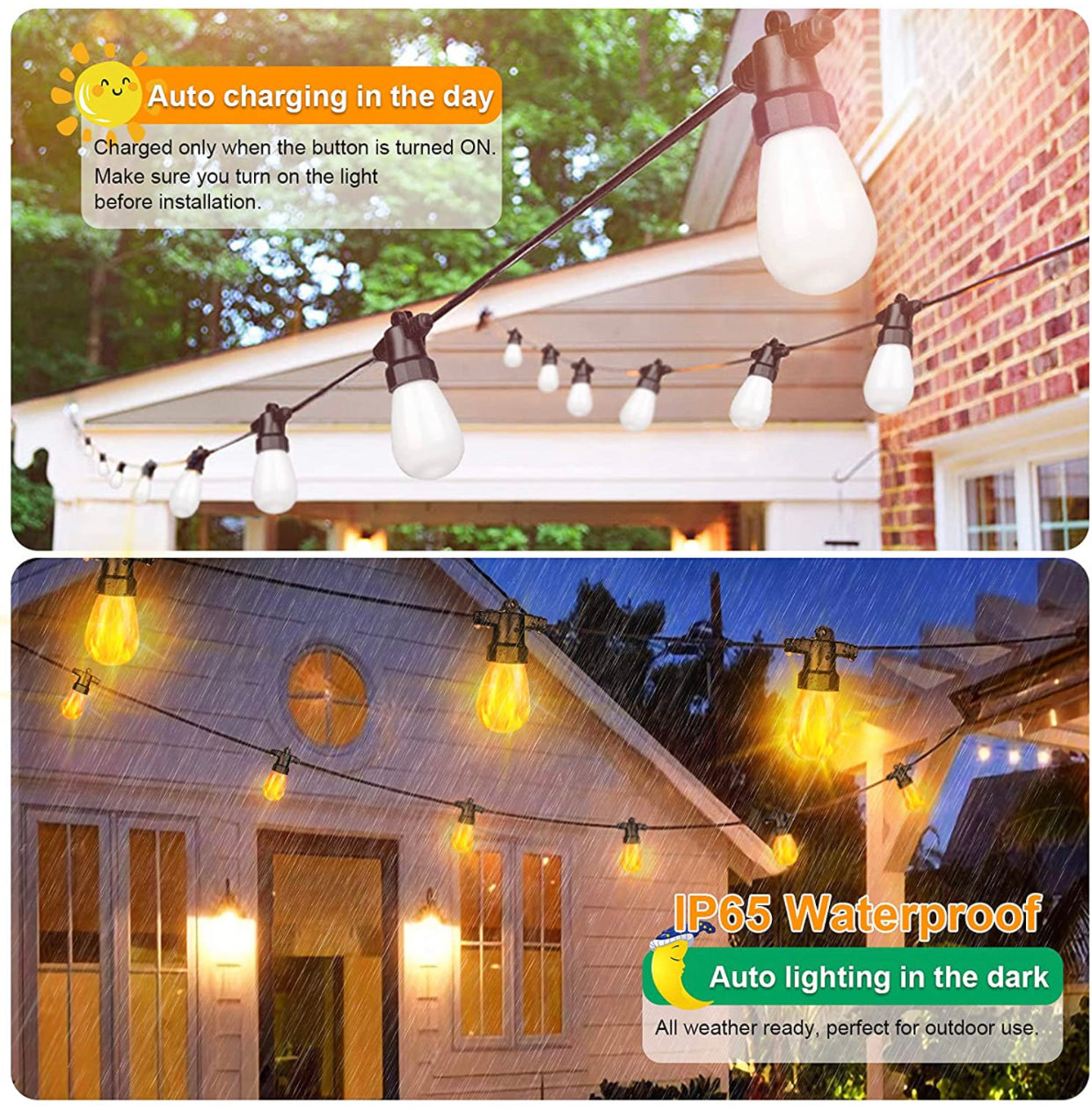 Flickering LED Bulbs - Solar Panel Powered Hanging String Lights - Create Ambience In Your Yard, Deck - 27 Ft