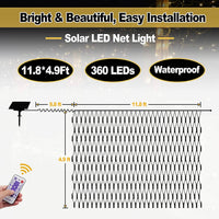 Solar Net Mesh Lights 360 LED  with Remote, 11.8Ft x 4.9Ft 360 LED Fence String Light, IP65 Outdoor Waterproof