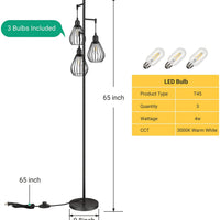 Floor Lamp Matches Industrial, Farmhouse & Rustic Living Rooms – Standing Tree Lamp with 3 Elegant Cage Heads & Edison LED Bulbs