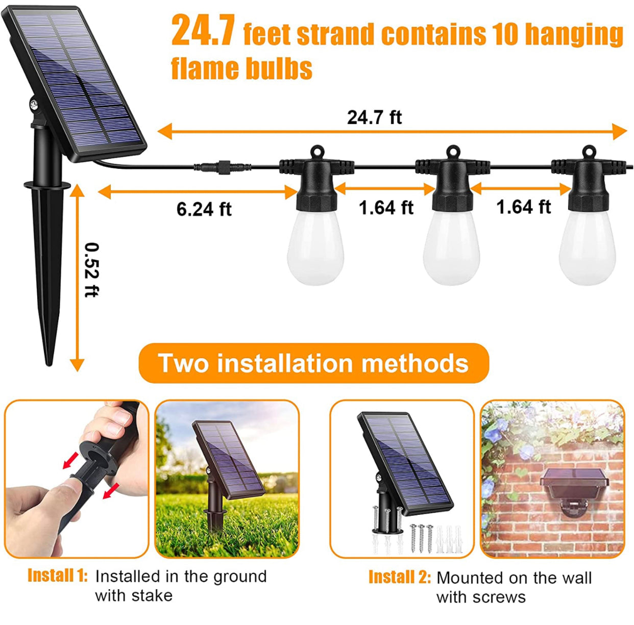 Flickering LED Bulbs - Solar Panel Powered Hanging String Lights - Create Ambience In Your Yard, Deck - 27 Ft