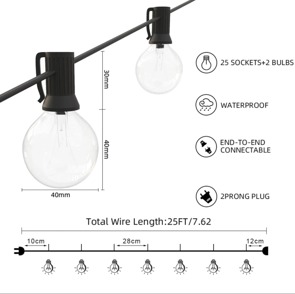 Outdoor String Light-25 Feet G40 Globe Patio Lights with 26 Edison Glass Bulbs Waterproof Connectable Hanging Light