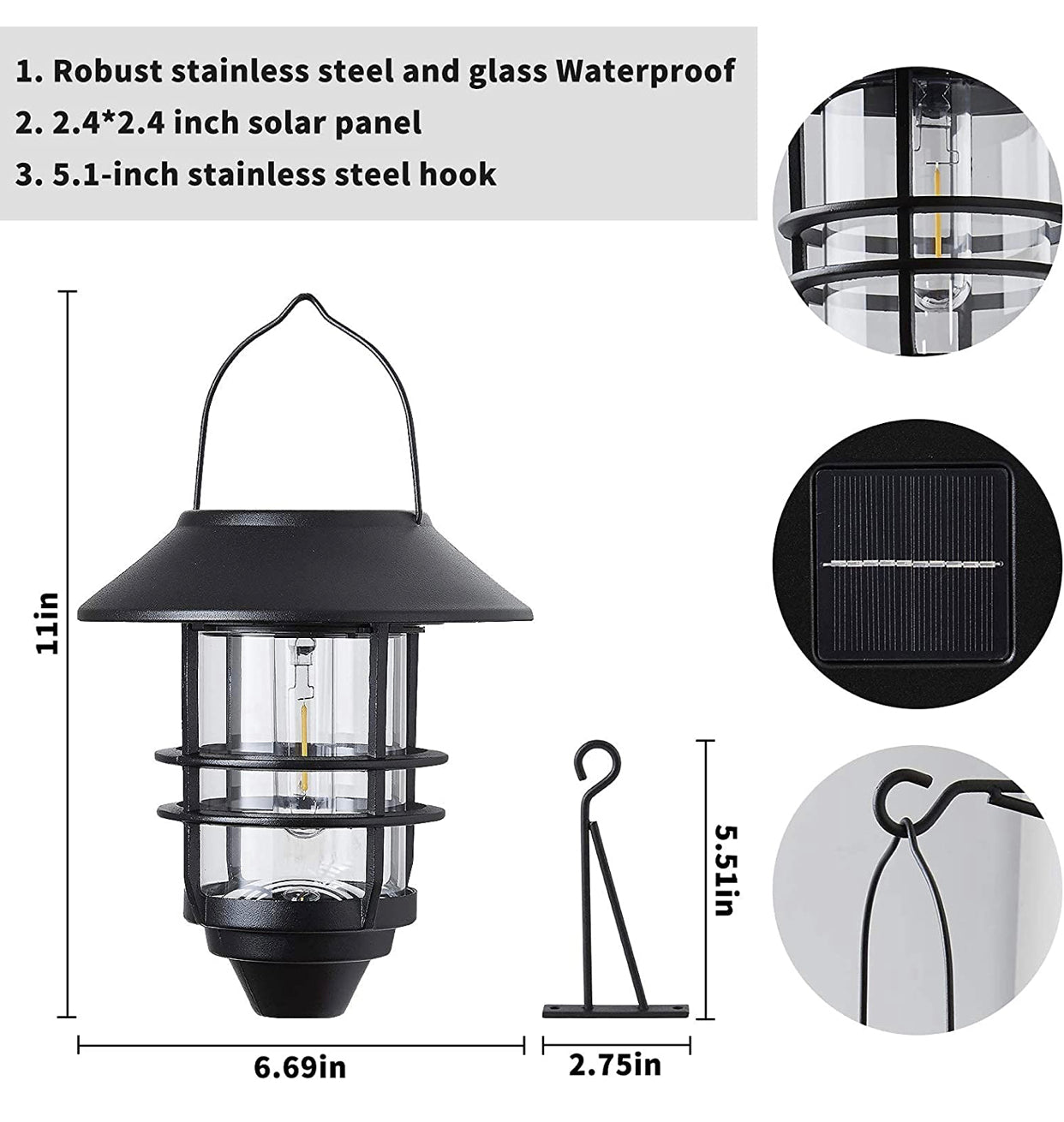 2 Pack Security Solar Hanging Lanterns Outdoor, Solar Wall Lights Outdoor, Solar Porch Lights Outdoor Lanterns 15 Lumen Heavy Glass & Stainless