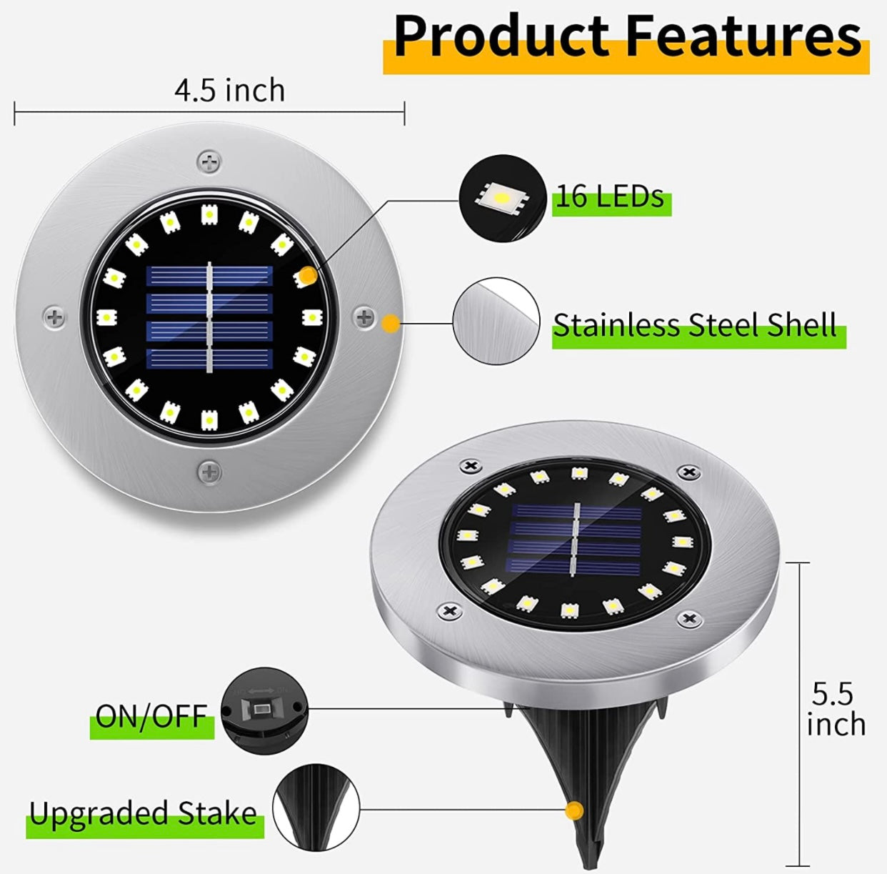 Solar Garden Lights 16LED Solar Ground Lights Waterproof Light Underground Lights for  Pathway 4-Pack