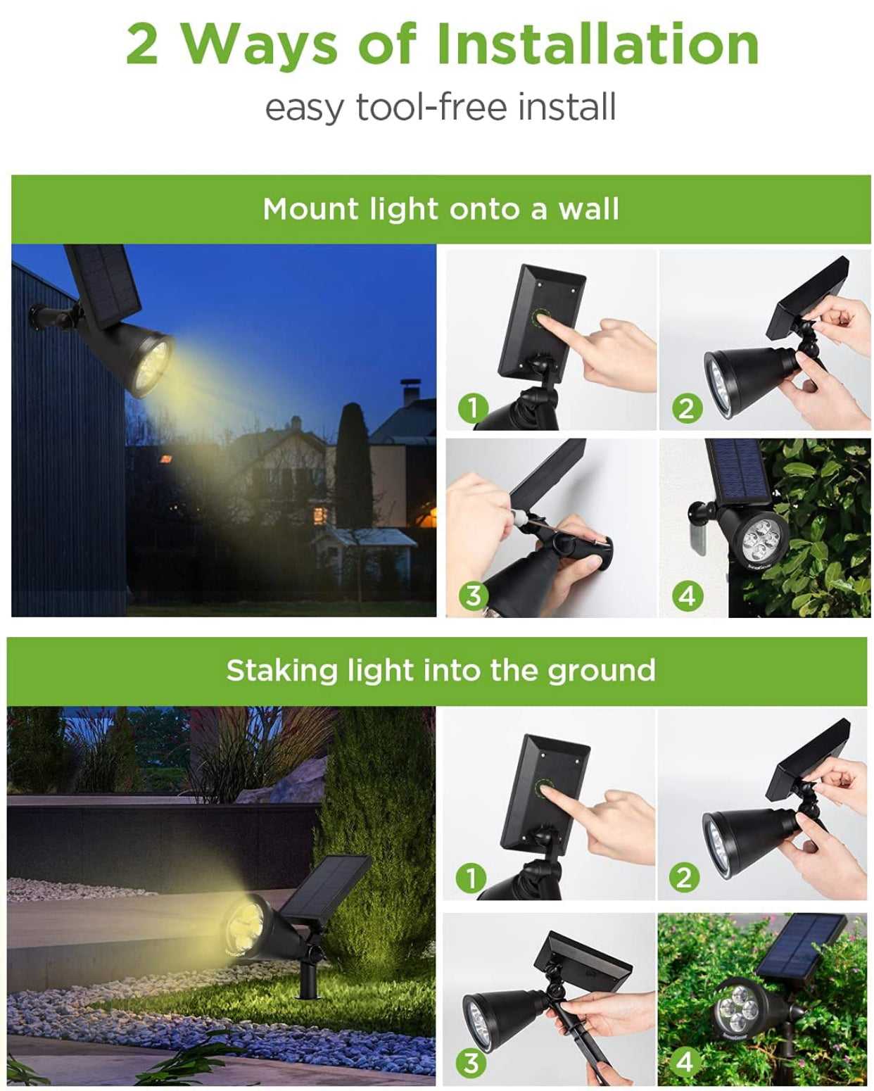 SmartYard Solar SpotLights Outdoor, Waterproof Solar Powered Landscape  2-in-1 Wall Light Auto On/Off , Pack of 4