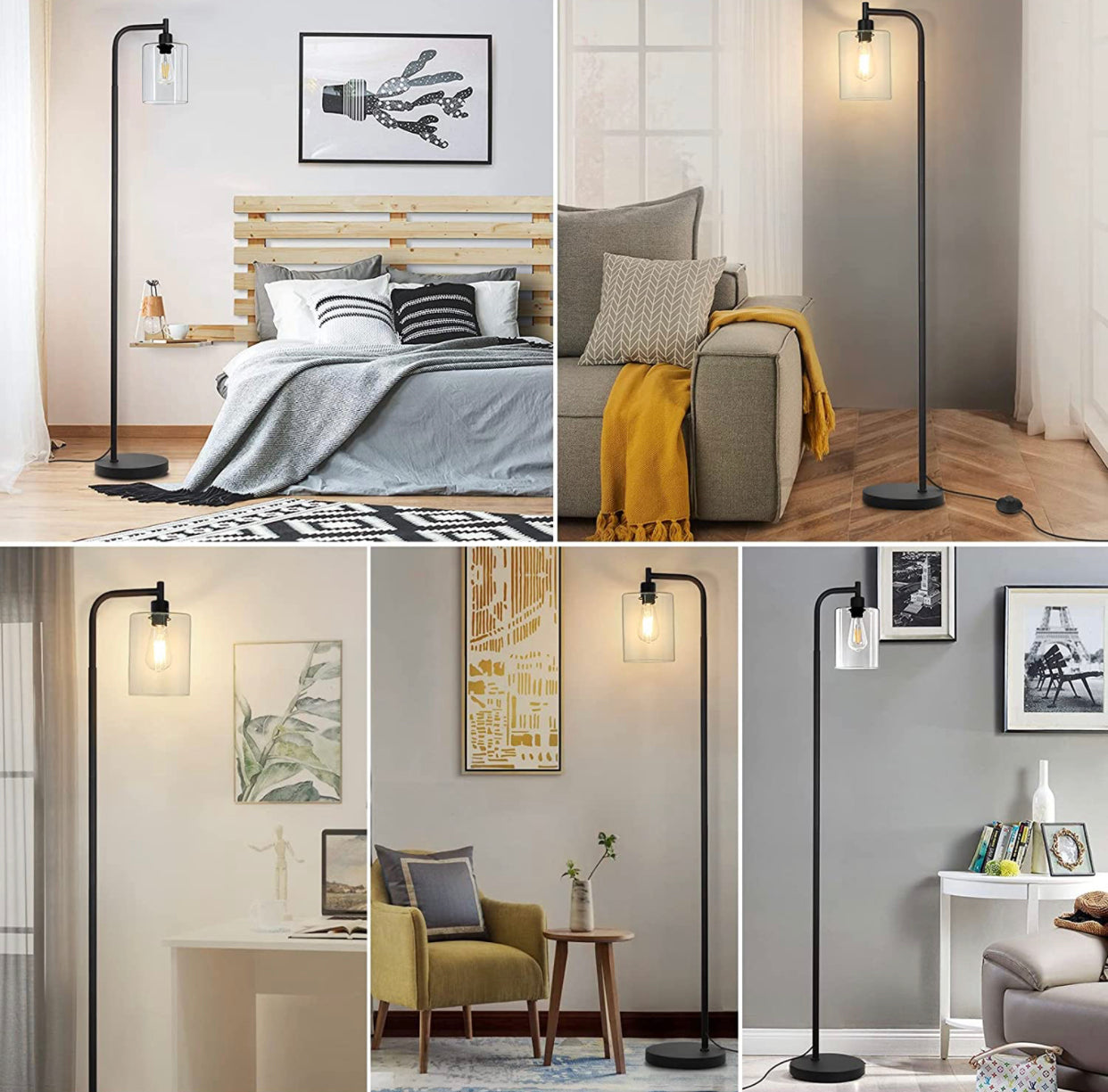 Industrial Floor Lamp, Modern Standing Lamps with Hanging Clear Glass Shade