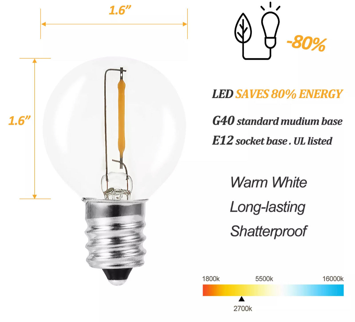 Pro - Globe Solar LED Outdoor String Lights – Waterproof, G40 Retro Edison Filament Bulbs - 23 Ft Patio Lights Create Bistro Ambience- Warm White