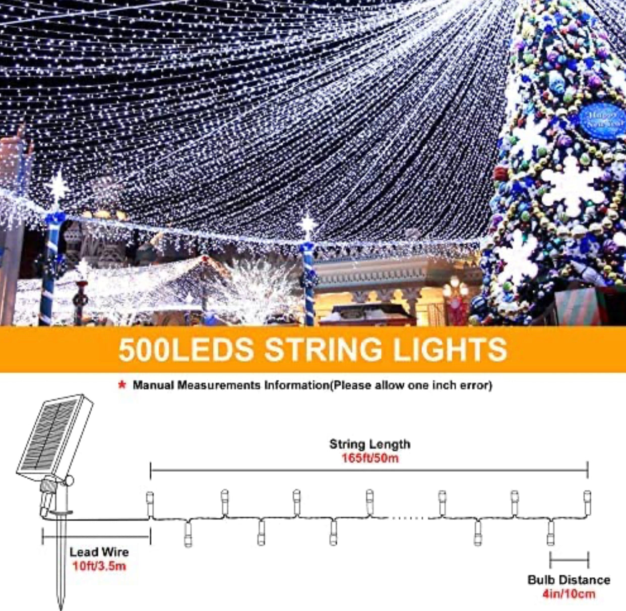 Solar String Lights White Wire Outdoor,500 LED 165FT Christmas Lights with 8 Modes and Timer, Remote Control