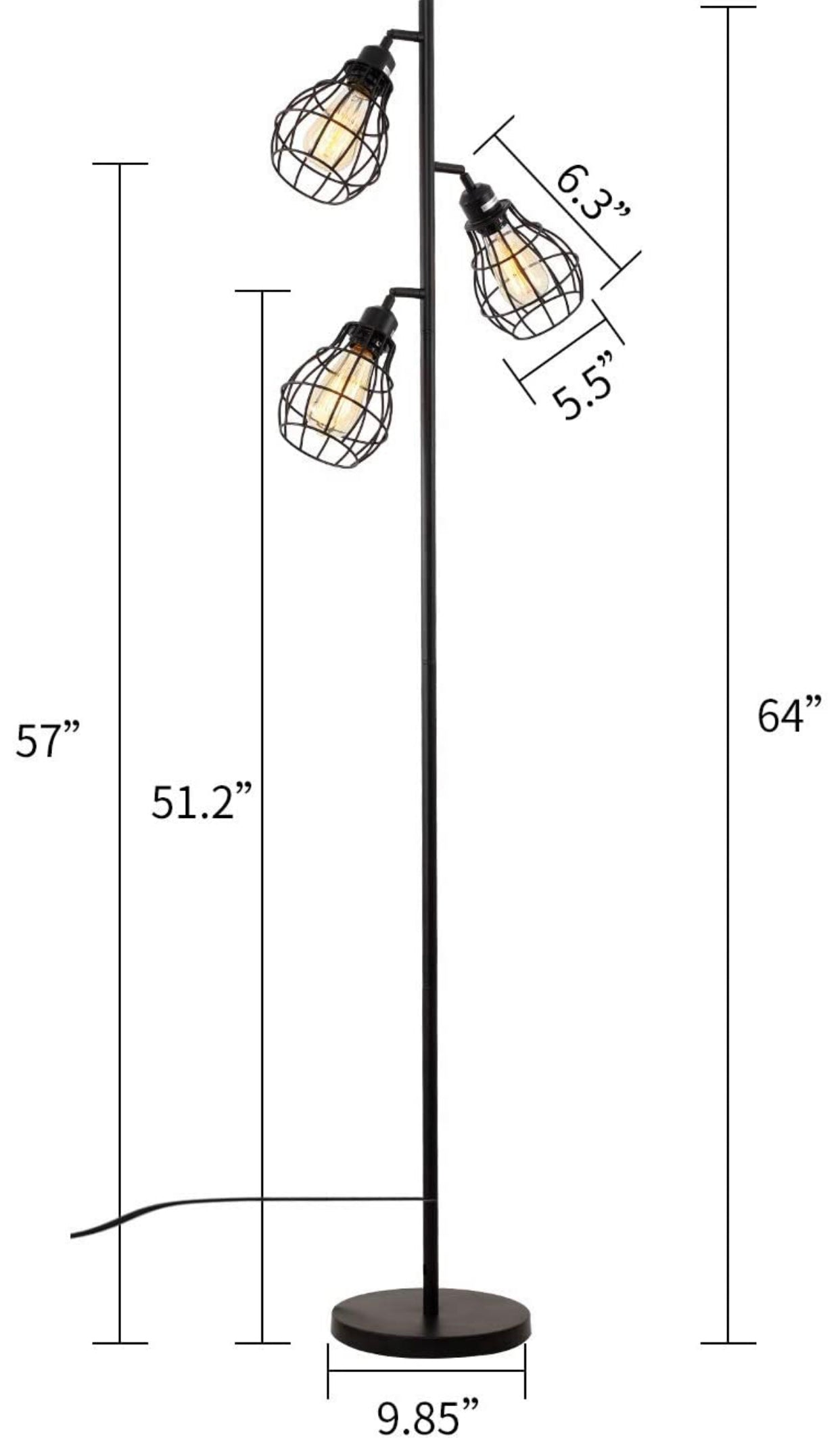 Floor Lamp Matches Industrial, Farmhouse & Rustic Living Rooms – Standing Tree Lamp with 3 Elegant Cage Heads & Edison LED Bulbs